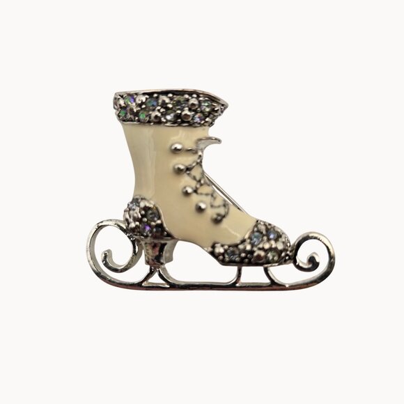 Vintage Silver-Tone Rhinestone/Enamel Off White Ice Skate Brooch AB Pin - Picture 1 of 6